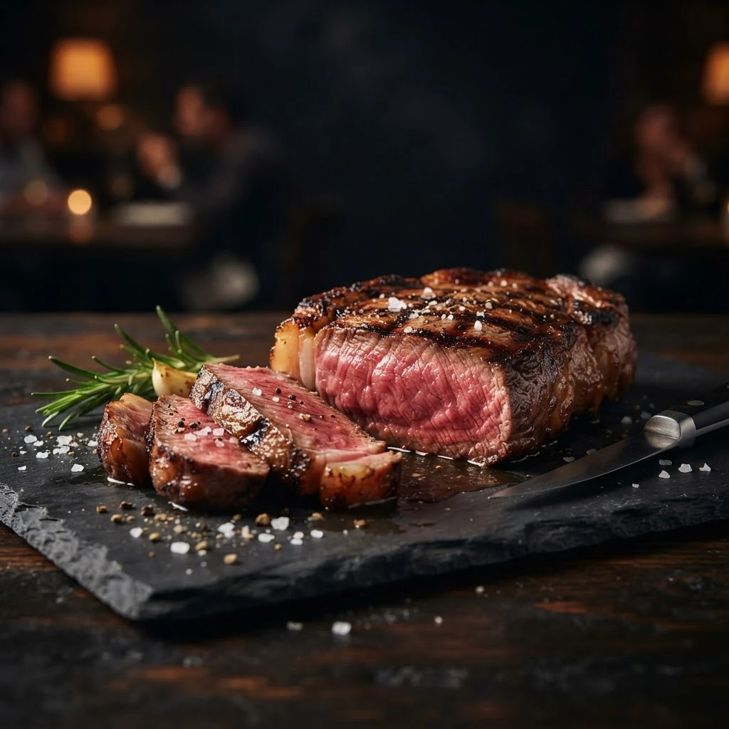 A cooked sirloin steak from The Longhorn grill, close up